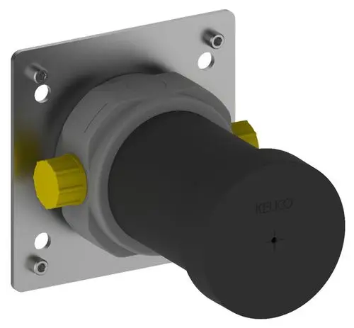 Wandmontierte Funktionseinheit von Keuco mit einem Absperrventil. Der Körper ist aus schwarzem Material, mit gelben Einstellknöpfen und einer Metallplatte zur Befestigung.